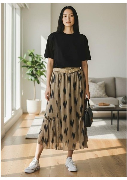 Bohem Şifon Kemerli Beli Lastikli Etek(95 Cm)-(38-50)