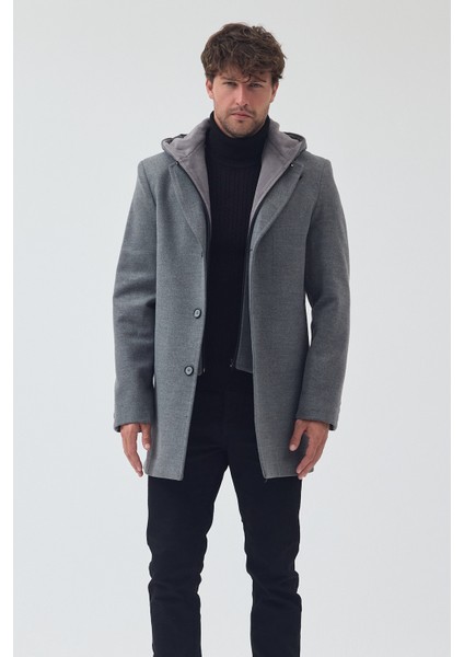 Erkek Standart Kalıp Fermuarlı Yarım Kapitone Kapüşonlu Kaşe Kaban