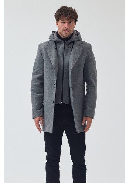 Erkek Standart Kalıp Fermuarlı Yarım Kapitone Kapüşonlu Kaşe Kaban modelleri