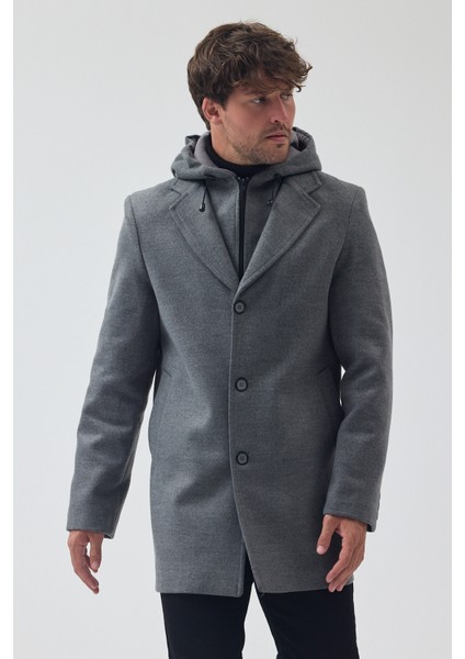 Erkek Standart Kalıp Fermuarlı Yarım Kapitone Kapüşonlu Kaşe Kaban