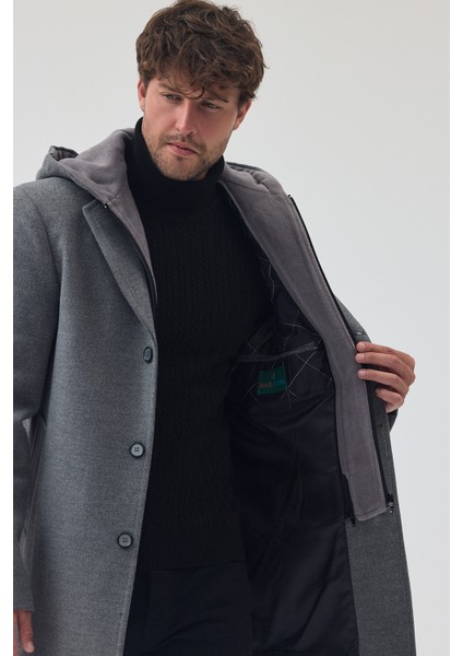 Erkek Standart Kalıp Fermuarlı Yarım Kapitone Kapüşonlu Kaşe Kaban