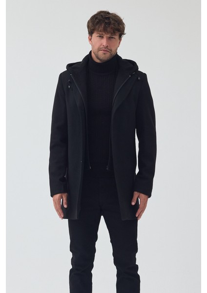 Erkek Standart Kalıp Fermuarlı Yarım Kapitone Kapüşonlu Kaşe Kaban