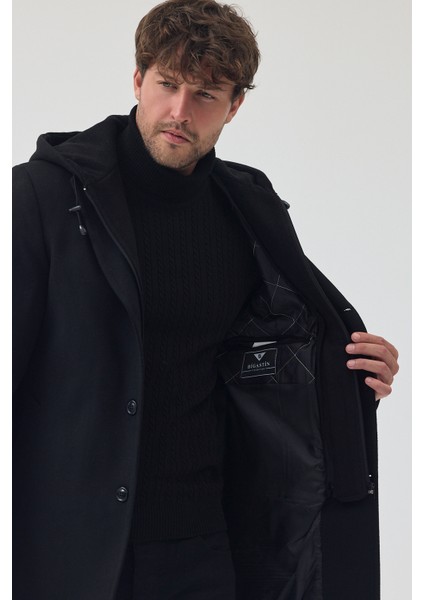 Erkek Standart Kalıp Fermuarlı Yarım Kapitone Kapüşonlu Kaşe Kaban