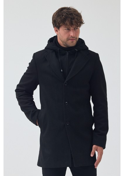 Erkek Standart Kalıp Fermuarlı Yarım Kapitone Kapüşonlu Kaşe Kaban