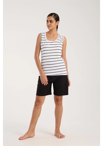 Moda Kadın Kalın Askılı Beyaz Şortlu Pijama Takımı