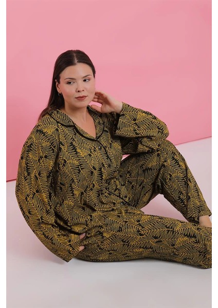 Moda Kadın Büyük Beden Tropikal Yaprak Desenli Düğmeli Pijama Takımı fiyatları