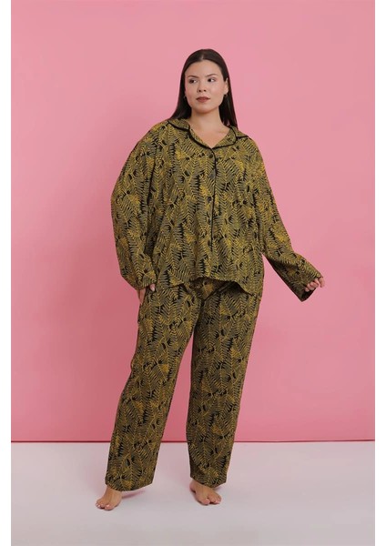 Moda Kadın Büyük Beden Tropikal Yaprak Desenli Düğmeli Pijama Takımı fırsatları