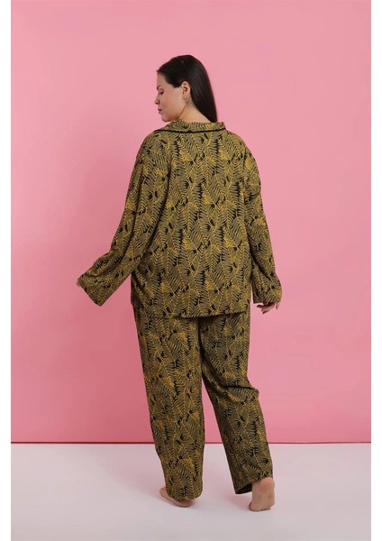 Moda Kadın Büyük Beden Tropikal Yaprak Desenli Düğmeli Pijama Takımı indirimleri