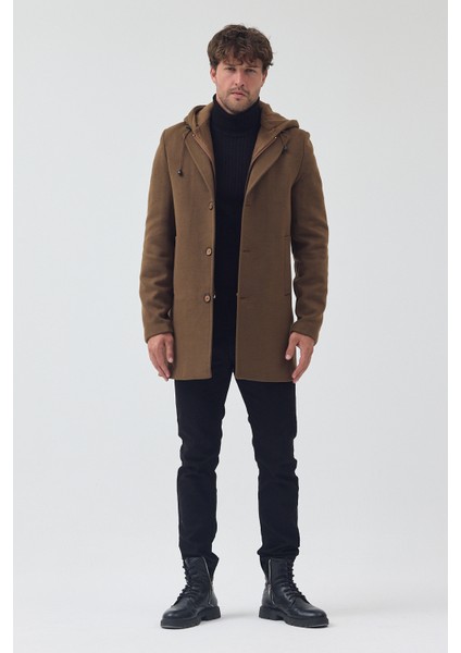 Erkek Standart Kalıp Fermuarlı Yarım Kapitone Kapüşonlu Kaşe Kaban