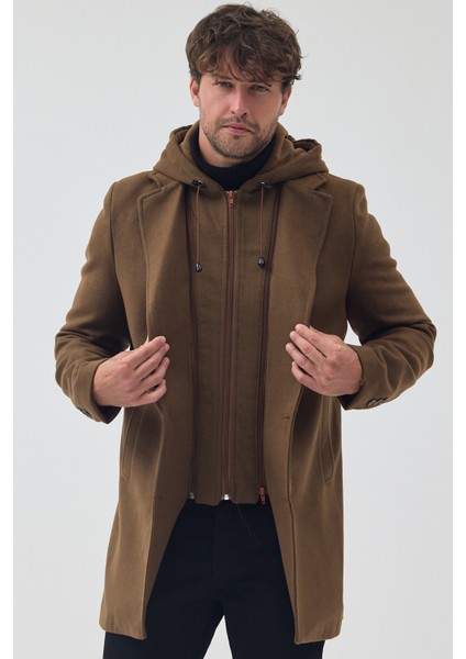 Erkek Standart Kalıp Fermuarlı Yarım Kapitone Kapüşonlu Kaşe Kaban modelleri