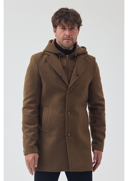 Erkek Standart Kalıp Fermuarlı Yarım Kapitone Kapüşonlu Kaşe Kaban indirimleri