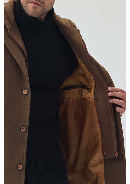 Erkek Standart Kalıp Fermuarlı Yarım Kapitone Kapüşonlu Kaşe Kaban