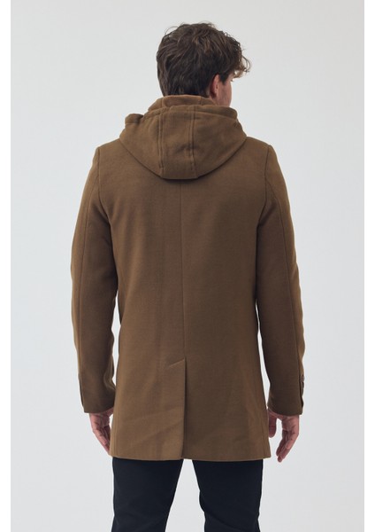 Erkek Standart Kalıp Fermuarlı Yarım Kapitone Kapüşonlu Kaşe Kaban