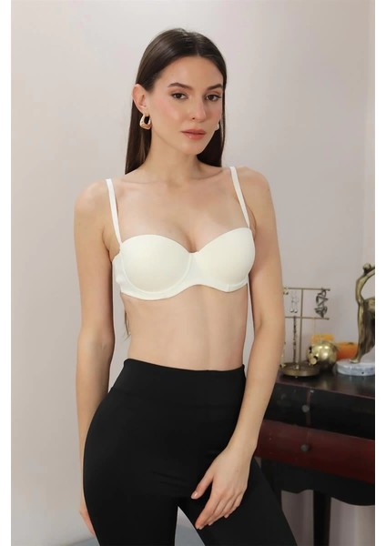 Moda Kadın Yarım Destekli Balenli Staplez Sütyen Ekru