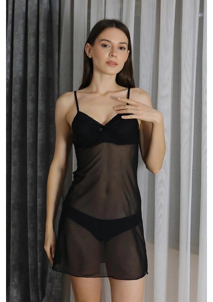 Moda Kadın Fantezi Tül Gecelik Siyah