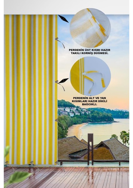 Sarı Beyaz Çizgili Su Geçirmez Kornişli Bağcıklı Balkon Perdesi Branda Enxboy fiyatları