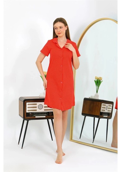 Moda Kadın Pamuk Penye Kısa Kol Düğmeli Kırmızı Tunik Gecelik fırsatları