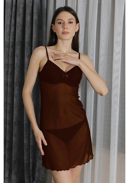 Moda Kadın Fantezi Tül Gecelik Kahve