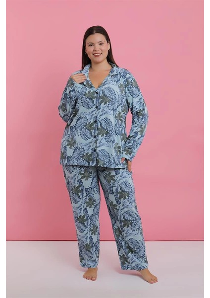 Moda Kadın Büyük Beden Mavi Tropikal Desenli Düğmeli Pijama Takımı