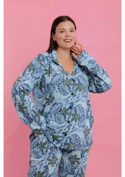 Moda Kadın Büyük Beden Mavi Tropikal Desenli Düğmeli Pijama Takımı fırsatları