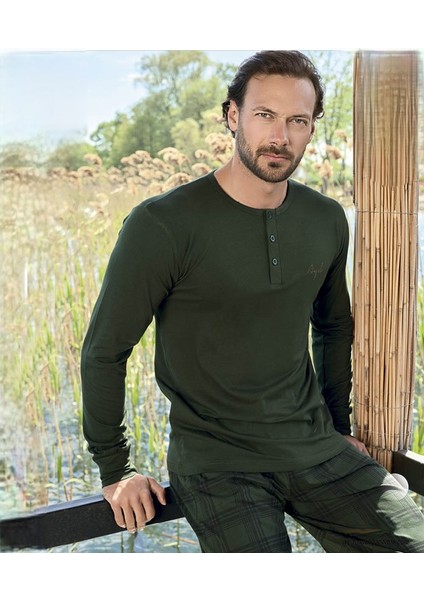 Erkek Modal Uzun Kol Pijama Takımı 3439 Haki