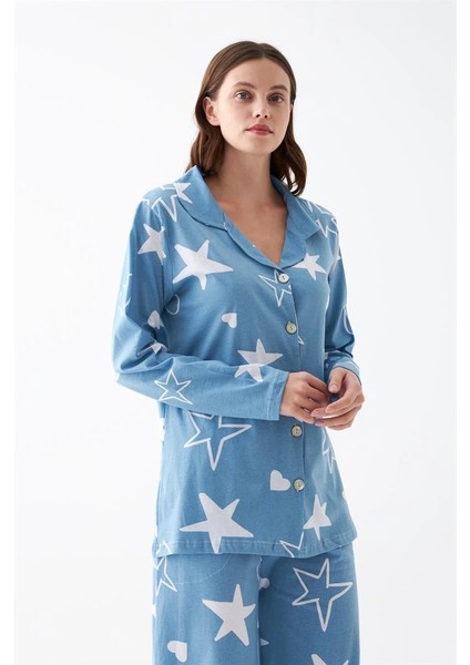Moda Kadın Mavi Yıldız Desenli Düğmeli Pamuklu Pijama Takımı