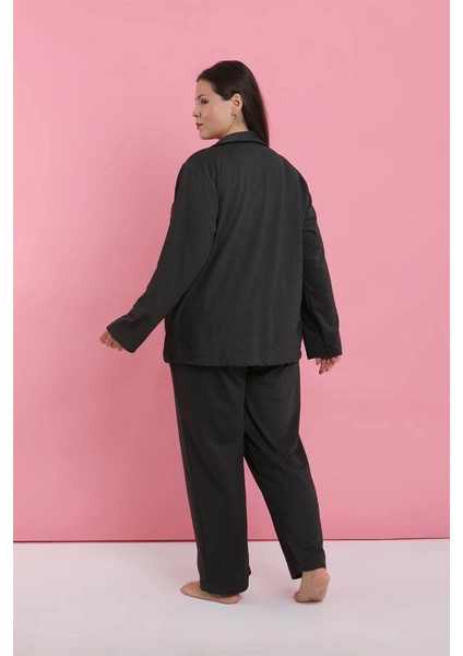 Moda Kadın Büyük Beden Füme Düğmeli Pijama Takımı fırsatları