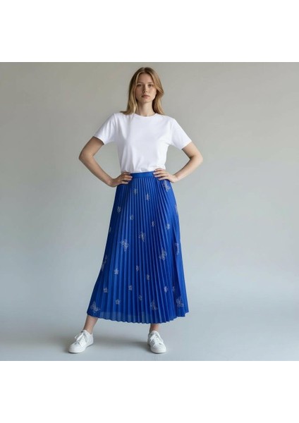 Deri Görünümlü Kelebek ve Taş Detaylı Pileli Pamuklu Dokuma Viskon 4 Mevsim Etek(95 Cm)-(38-50)