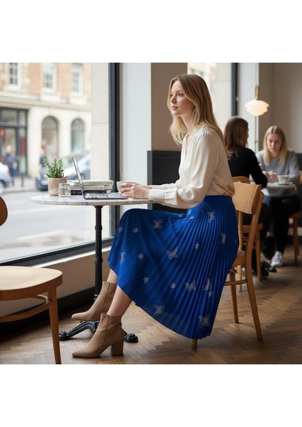 Deri Görünümlü Kelebek ve Taş Detaylı Pileli Pamuklu Dokuma Viskon 4 Mevsim Etek(95 Cm)-(38-50) fiyatları