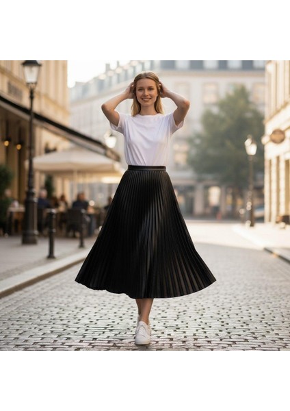 Deri Görünümlü Pileli Pamuklu Dokuma Viskon 4 Mevsim Etek(95 Cm)-(38-48)