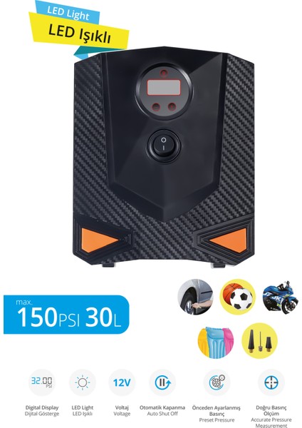 11316 LED Işıklı Dijital Hava Kompresörü / Maksimum 150PSI 30L / Dijital Gösterge / Otomatik Kapanma