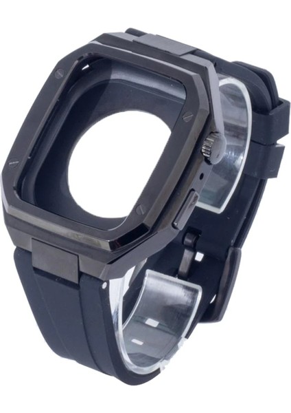 MYT09 Apple Watch 45MM KR402 Metal Kasa Silikon Kordon - Siyah