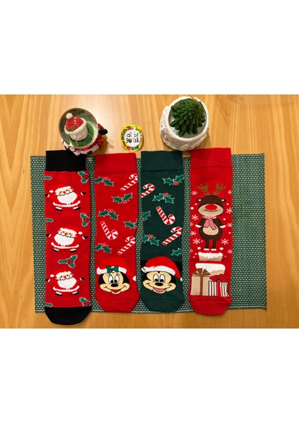 Al Bi 90Lık Çok Renkli Unisex Noel - Christmas - Yılbaşı Temalı 4'lü Çorap Seti
