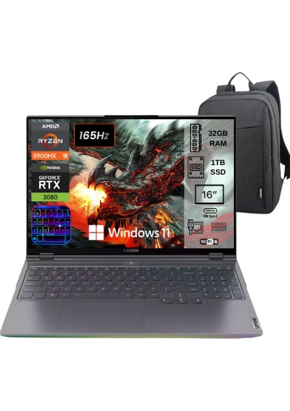 legion 7 Amd Ryzen 9 5900HX 32 GB 1tb SSD RTX3080 W11 Pro 16" Wqxga (2560X1600)IPS 500NITS W11 Pro Taşınabilir Bilgisayar 82N600TXTX Asbertech Orjijinal Lenovo Çanta Hediyeli