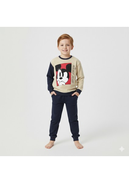 2-5 Yaş Mickey Mouse Baskılı Çizgili Bisiklet Yaka Çocuk Eşofman Takımı | Mevsimlik modelleri