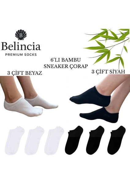Bambu Erkek Sneaker Dikişsiz Siyah ve Beyaz Çorap Görünmez 6'lı Paket