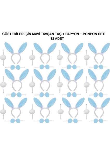 Mavi Tavşan Kostüm Seti – Taç, Papyon, Ponpon (12’li Paket)