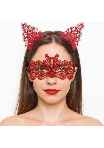 Ateş Kırmızısı Dantel Taç ve Maske Seti 10 No - Maskeli Balo Özel Gün Seti