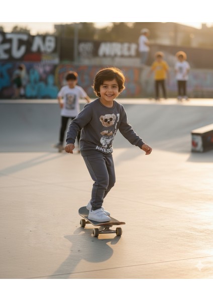 3-6 Yaş Ayıcık Baskılı Pamuklu Bisiklet Yaka Çocuk Eşofman Takımı | Mevsimlik fırsatları
