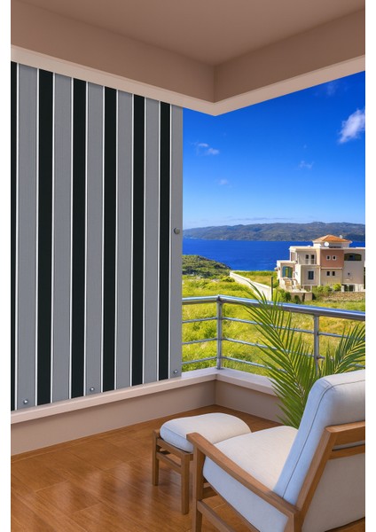 Siyah Gri Çizgili Su Geçirmez Kornişli Bağcıklı Balkon Perdesi Branda Enxboy