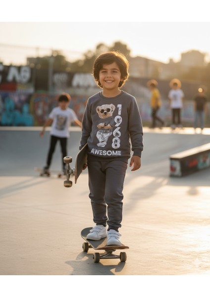 3-6 Yaş Ayıcık Baskılı Pamuklu Bisiklet Yaka Çocuk Eşofman Takımı | Mevsimlik fiyatları