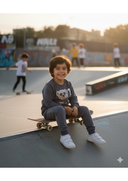 3-6 Yaş Ayıcık Baskılı Pamuklu Bisiklet Yaka Çocuk Eşofman Takımı | Mevsimlik modelleri