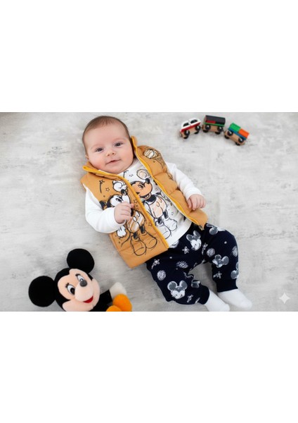 9-24 Ay Mickey Mouse Baskılı 3'lü Yelekli Bebek Takımı | Mevsimlik fiyatları