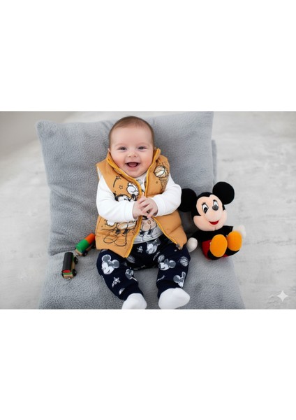 9-24 Ay Mickey Mouse Baskılı 3'lü Yelekli Bebek Takımı | Mevsimlik fırsatları