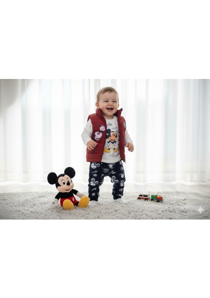 9-24 Ay Mickey Mouse Baskılı 3'lü Yelekli Bebek Takımı | Mevsimlik modelleri
