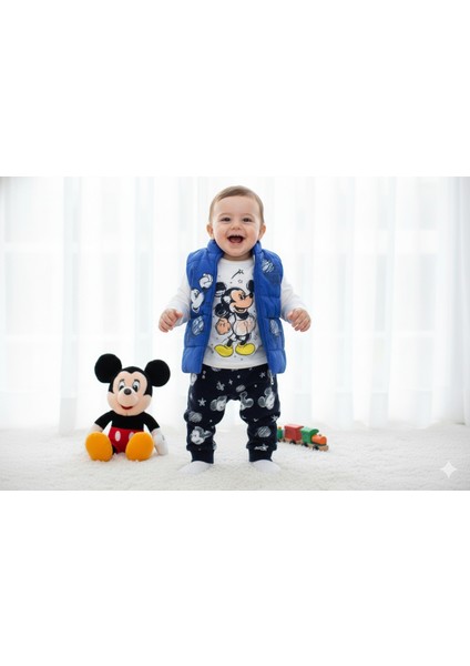 9-24 Ay Mickey Mouse Baskılı 3'lü Yelekli Bebek Takımı | Mevsimlik fiyatları