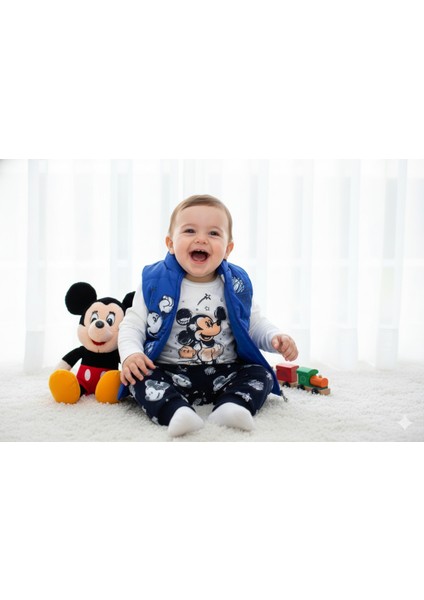 9-24 Ay Mickey Mouse Baskılı 3'lü Yelekli Bebek Takımı | Mevsimlik modelleri