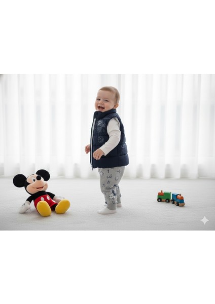 9-24 Ay Mickey Mouse Baskılı 3'lü Yelekli Bebek Takımı | Mevsimlik fiyatları