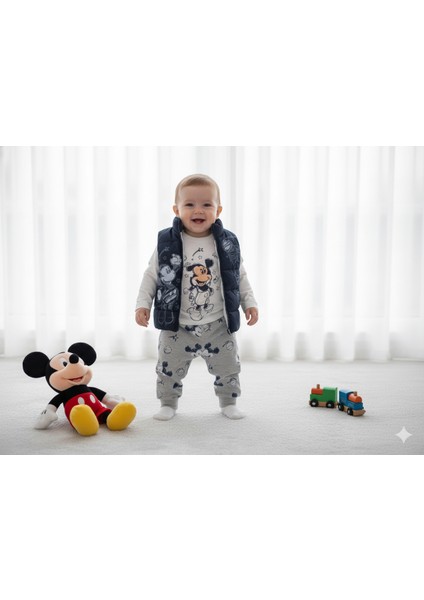 9-24 Ay Mickey Mouse Baskılı 3'lü Yelekli Bebek Takımı | Mevsimlik modelleri