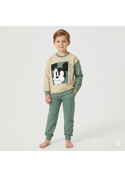 2-5 Yaş Mickey Mouse Baskılı Çizgili Bisiklet Yaka Çocuk Eşofman Takımı | Mevsimlik modelleri